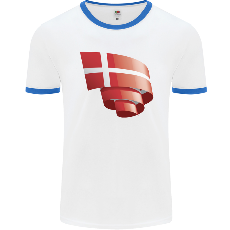 Curled Denmark Flag Danish Day Football Mens Ringer T-Shirt White/Royal Blue