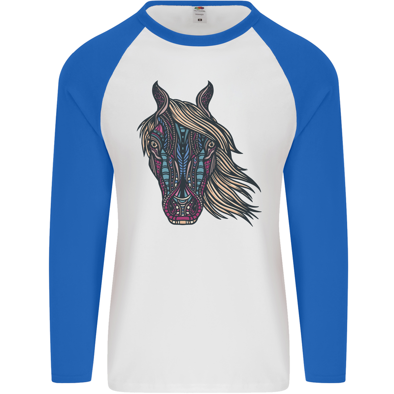 A Tribal Horse Equestrian Mens L/S Baseball T-Shirt White/Royal Blue