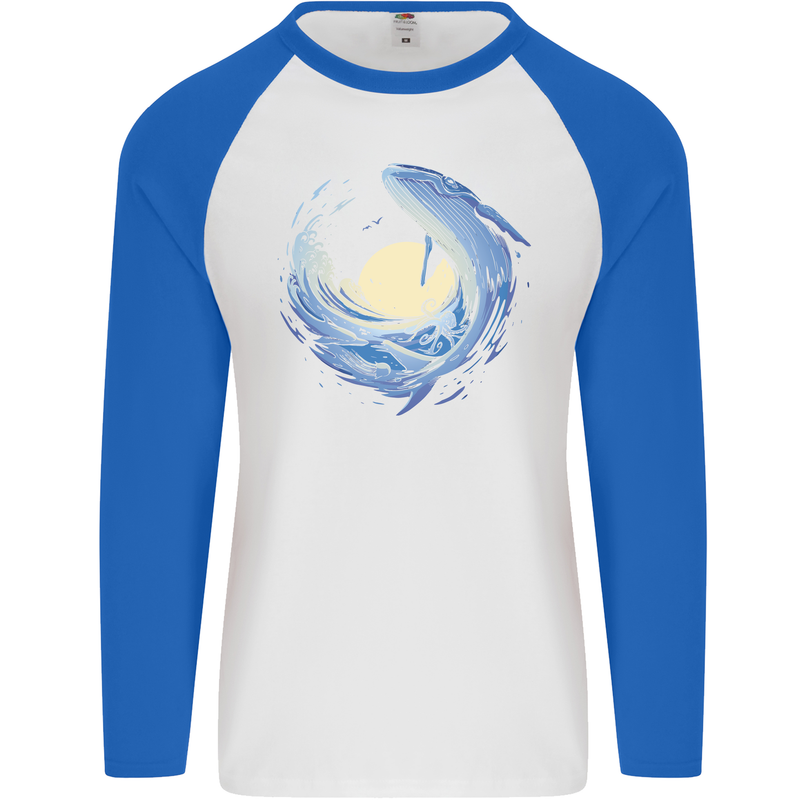 Ocean Whale & Octopus Mens L/S Baseball T-Shirt White/Royal Blue