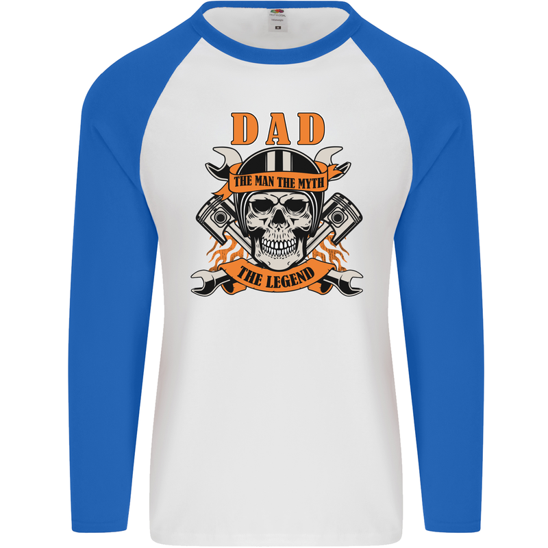 Biker Dad the Man Myth Legend Funny Mens L/S Baseball T-Shirt White/Royal Blue