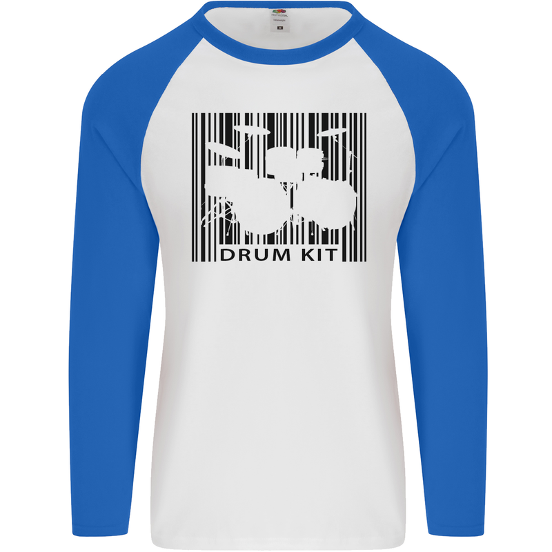 Drum Kit Barcode Drummer Drumming Mens L/S Baseball T-Shirt White/Royal Blue