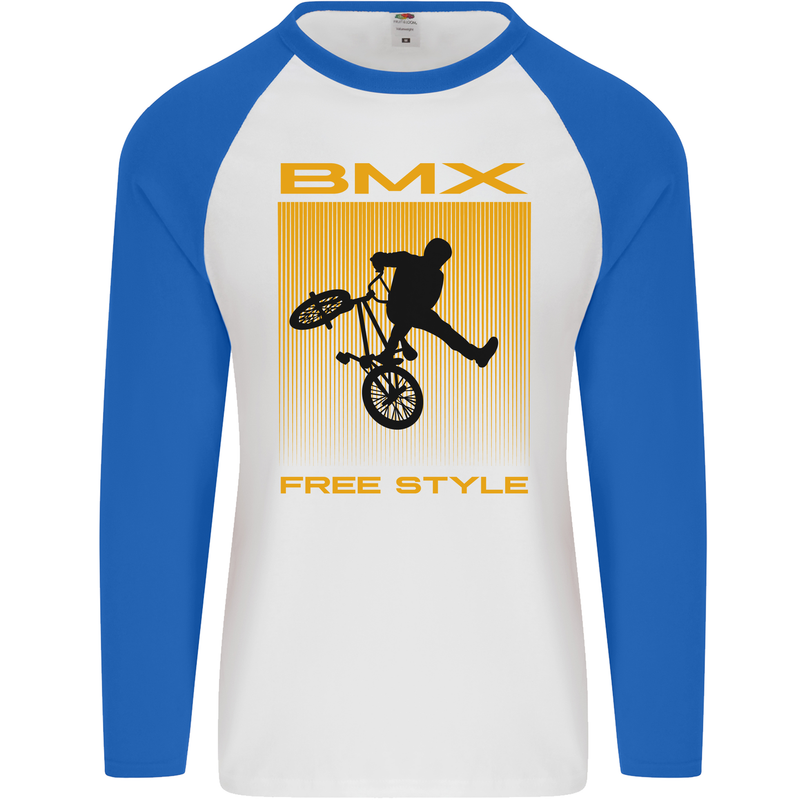 BMX Freestyle Cycling Bicycle Bike Mens L/S Baseball T-Shirt White/Royal Blue