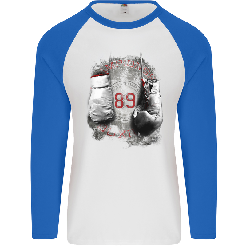 Boxing Gloves 89 Boxer Mens L/S Baseball T-Shirt White/Royal Blue