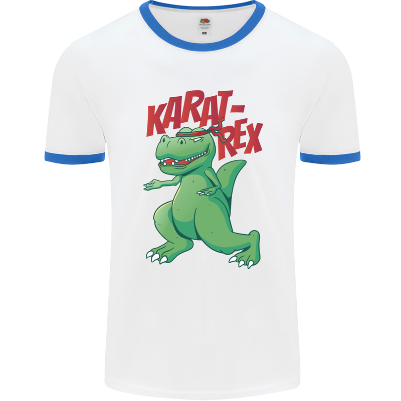 Karat-Rex Karate T-Rex Dinosaur Mens Ringer T-Shirt White/Royal Blue