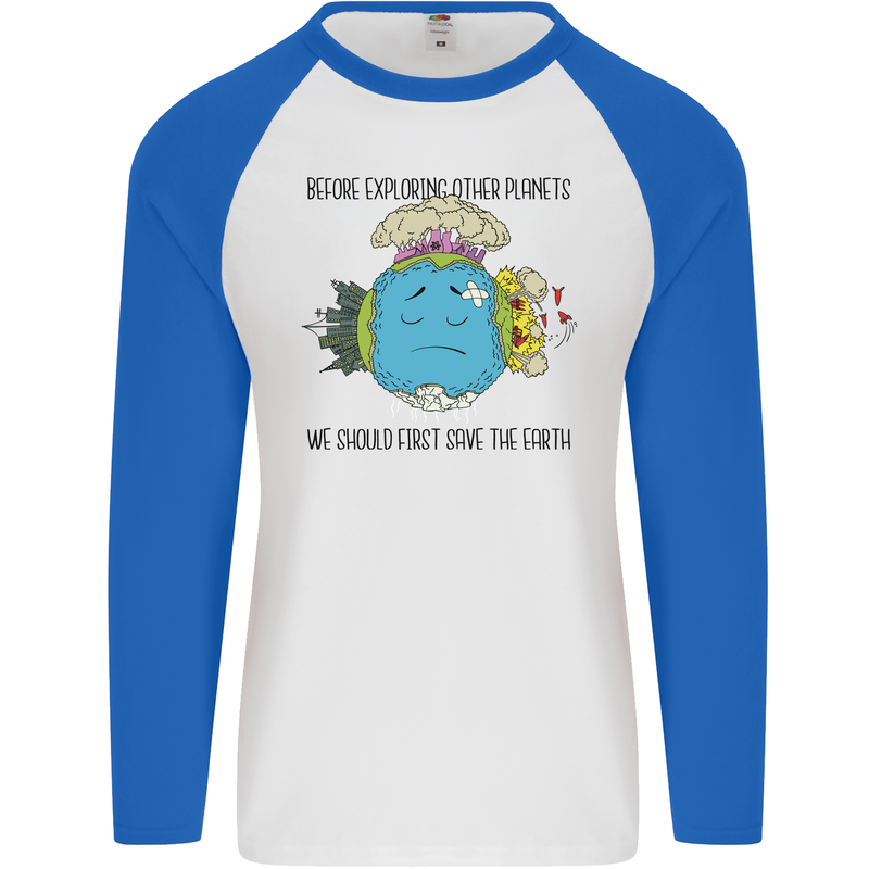 Save the Earth Climate Change Environment Mens L/S Baseball T-Shirt White/Royal Blue