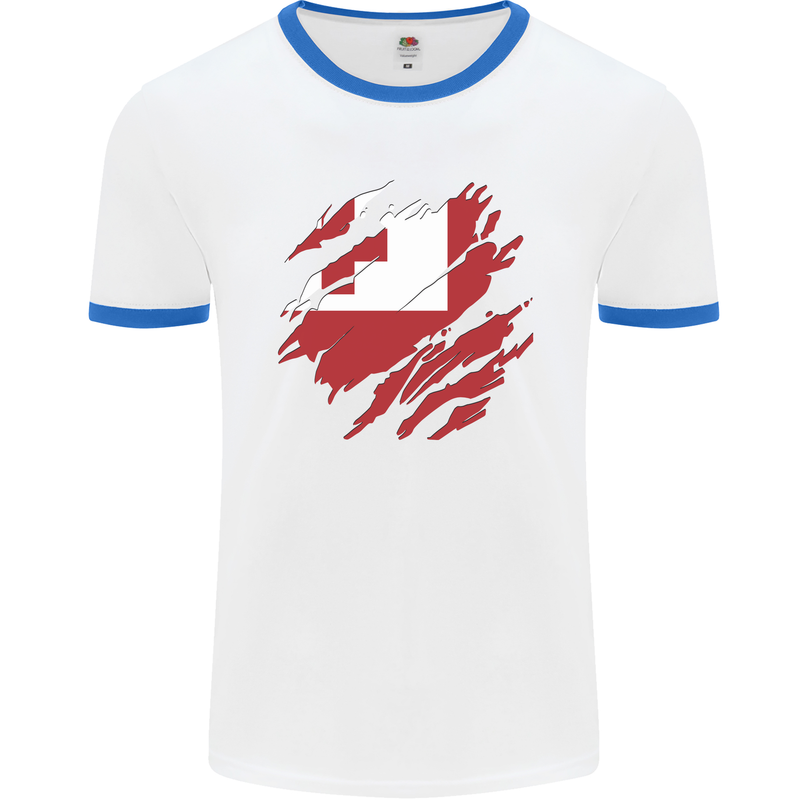 Torn Tongo Flag Tongan Day Football Mens Ringer T-Shirt White/Royal Blue