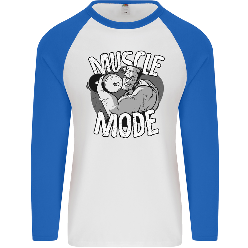 Gym Muscle Mode Bodybuilding Weightlifting Mens L/S Baseball T-Shirt White/Royal Blue