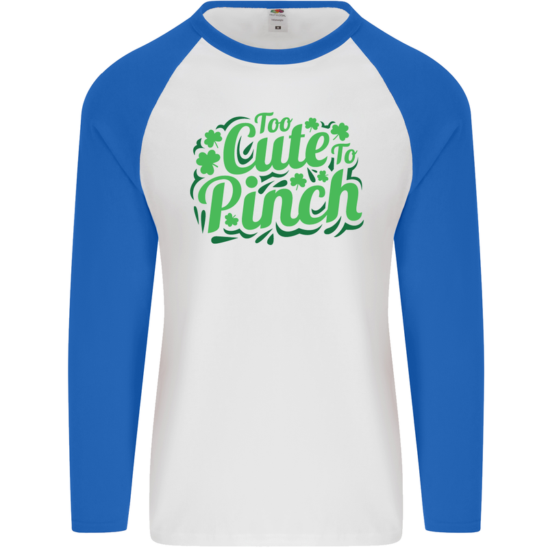 Too Cute to Pinch St. Patrick's Day Mens L/S Baseball T-Shirt White/Royal Blue