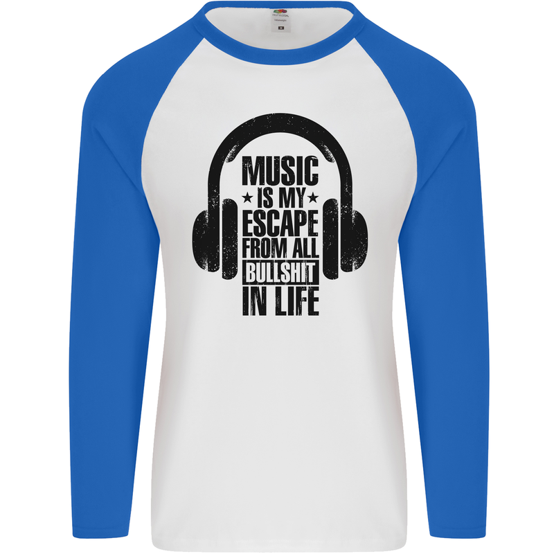 Music Is My Escape From B/S in Life Rock Mens L/S Baseball T-Shirt White/Royal Blue