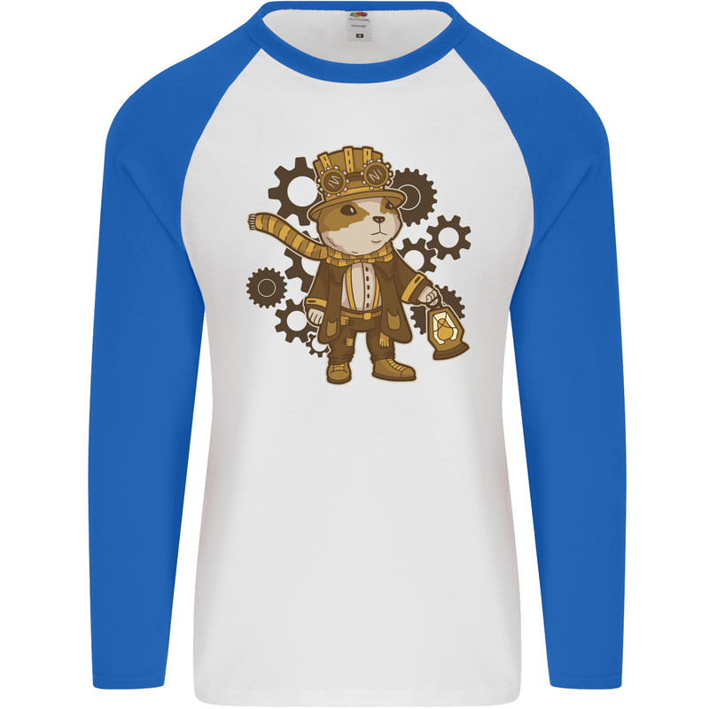 Steampunk Hamster Mens L/S Baseball T-Shirt White/Royal Blue