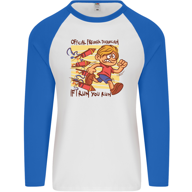 Funny Firework Bonfire Night Guy Fawkes Mens L/S Baseball T-Shirt White/Royal Blue
