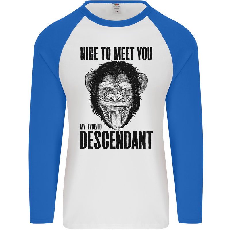 Chimp Evolved Dessendant Funny Monkey Ape Mens L/S Baseball T-Shirt White/Royal Blue