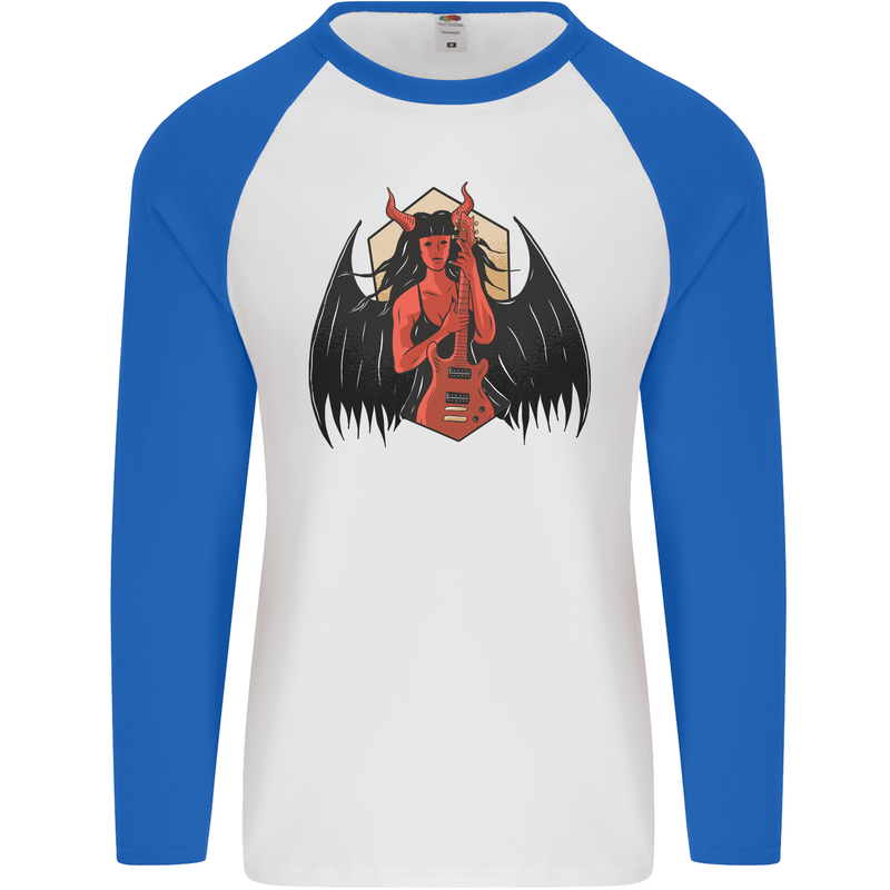 Devil Woman Guitar Death Heavy Metal Rock Mens L/S Baseball T-Shirt White/Royal Blue