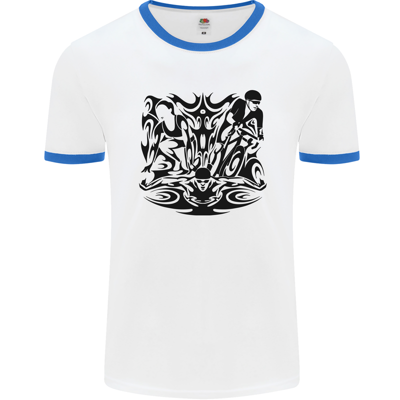 Tribal Triathlon Swimming Running Cycling Mens Ringer T-Shirt White/Royal Blue