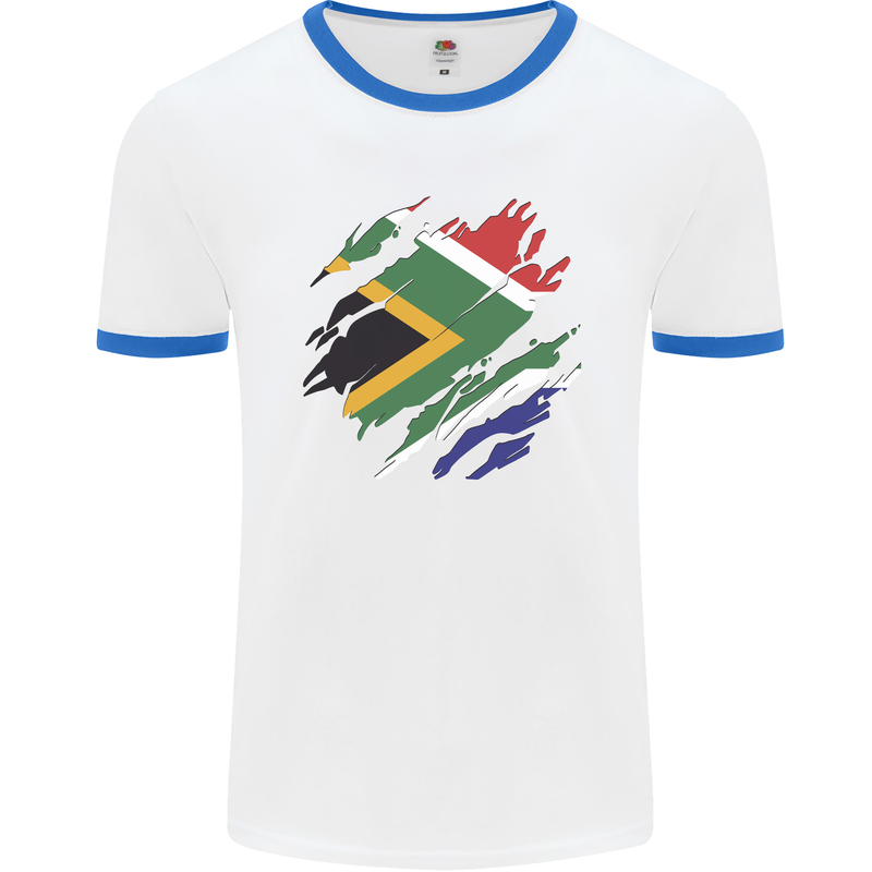 Torn South African Flag Africa Day Football Mens Ringer T-Shirt White/Royal Blue