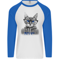 New York City Cat With Glasses Mens L/S Baseball T-Shirt White/Royal Blue