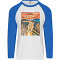 Cat Scream Painting Parody Mens L/S Baseball T-Shirt White/Royal Blue