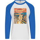Cat Scream Painting Parody Mens L/S Baseball T-Shirt White/Royal Blue