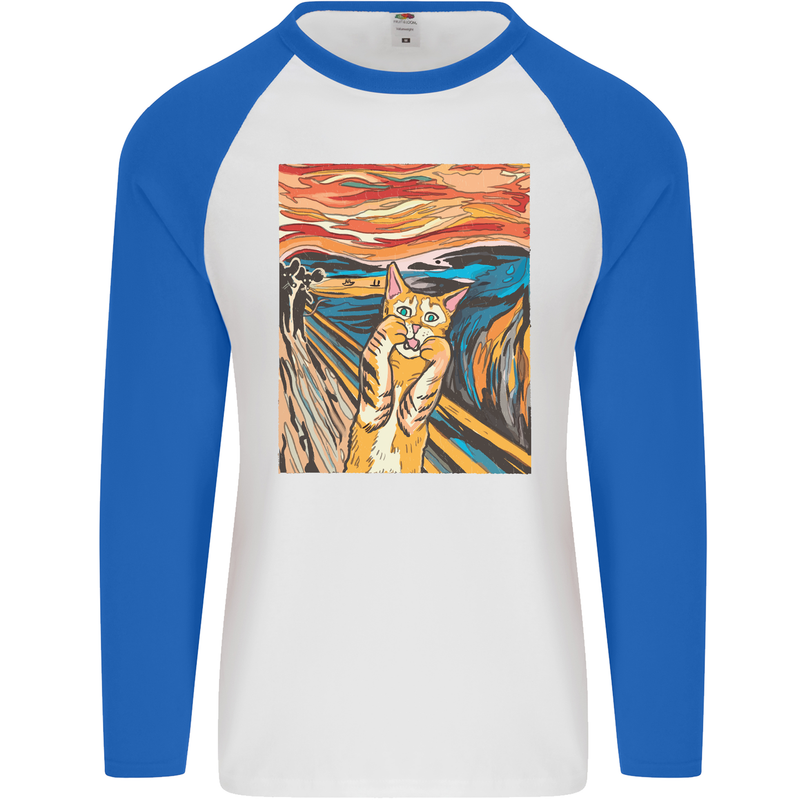 Cat Scream Painting Parody Mens L/S Baseball T-Shirt White/Royal Blue