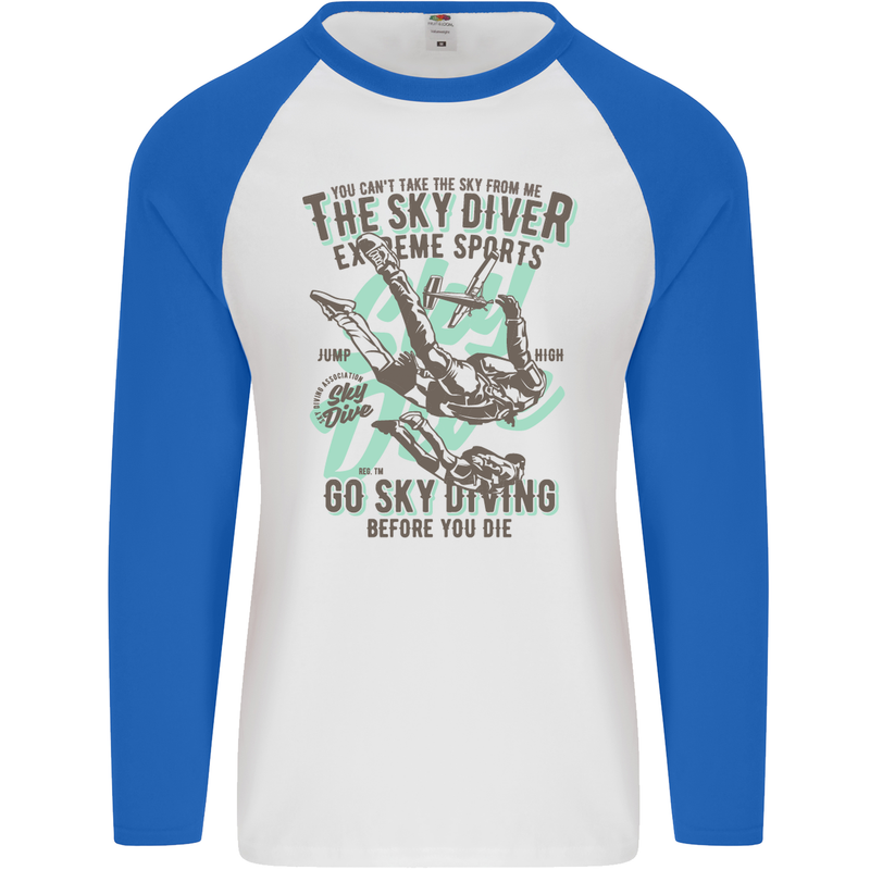 The Skydiver Extreme Sports Skydiving Mens L/S Baseball T-Shirt White/Royal Blue