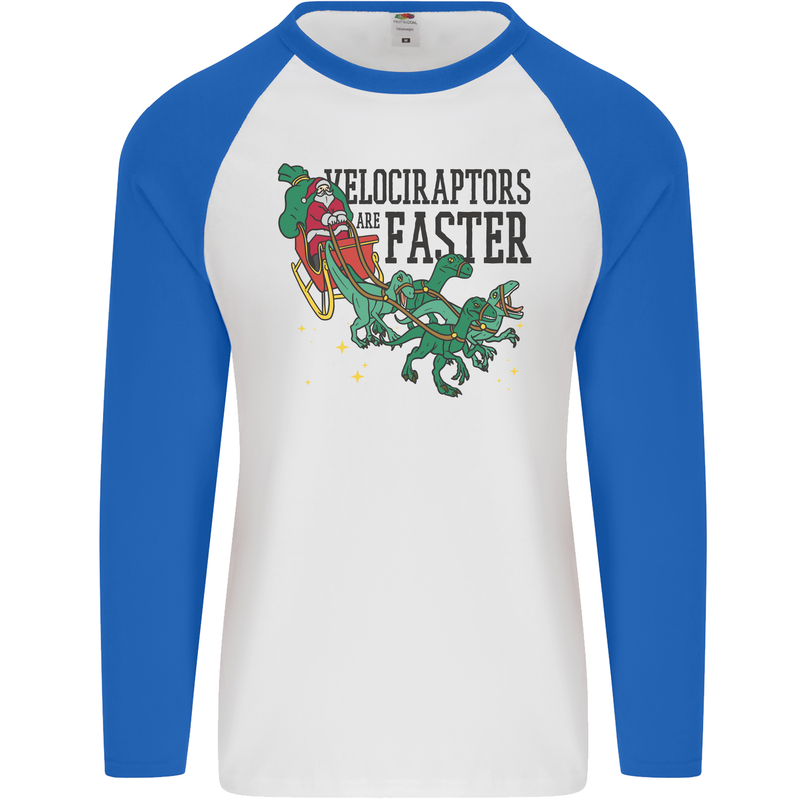 Christmas Velociraptors are Faster Dinosaur Mens L/S Baseball T-Shirt White/Royal Blue