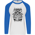 Lucky Dice Skull Motorbike Biker Motorcycle Mens L/S Baseball T-Shirt White/Royal Blue