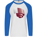 Curled Qatar Flag Qatari Day Football Mens L/S Baseball T-Shirt White/Royal Blue