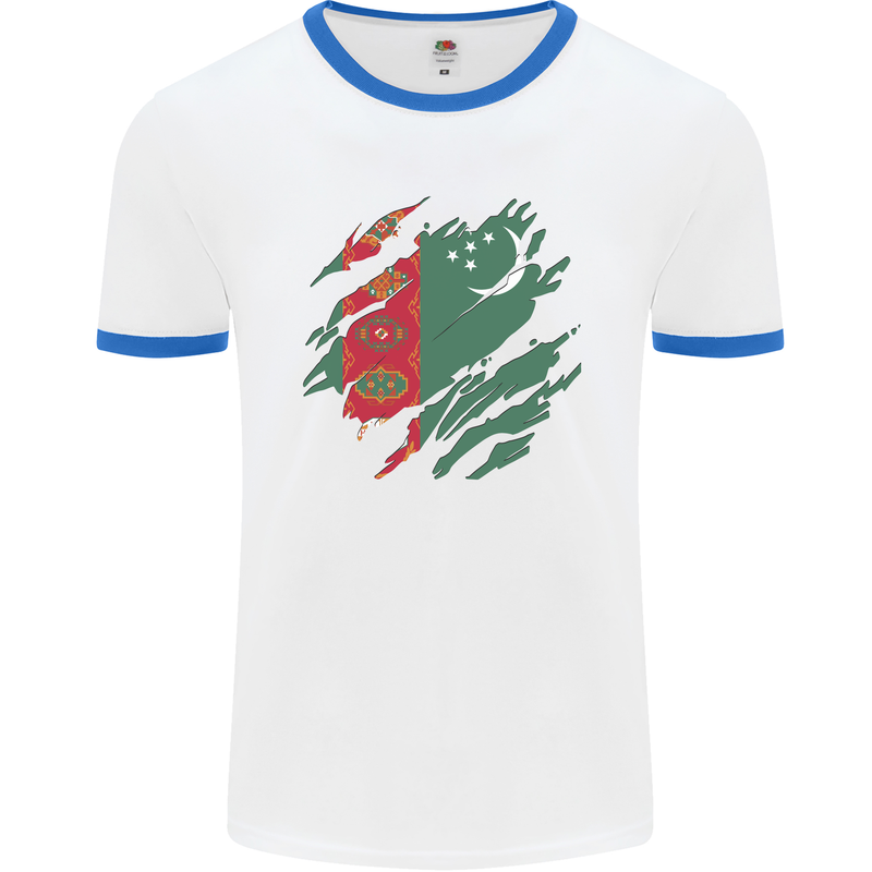 Torn Turkmenistan Flag The Turkmen Day Football Mens Ringer T-Shirt White/Royal Blue