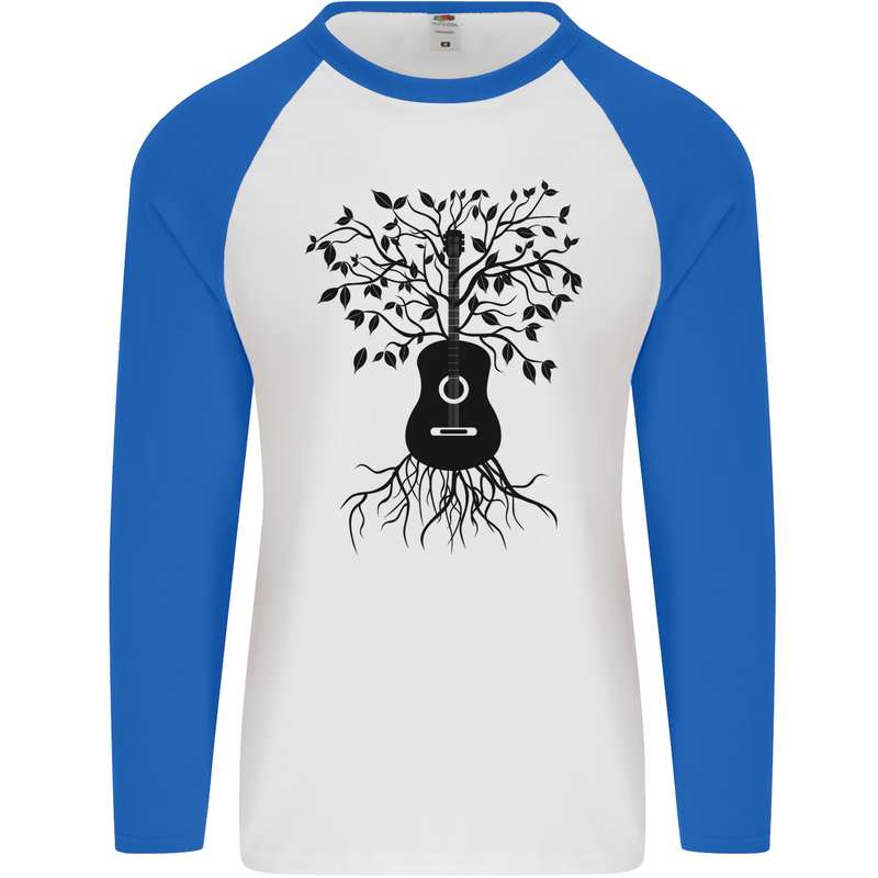 Acoustic Guitar Tree Roots Guitarist Music Mens L/S Baseball T-Shirt White/Royal Blue