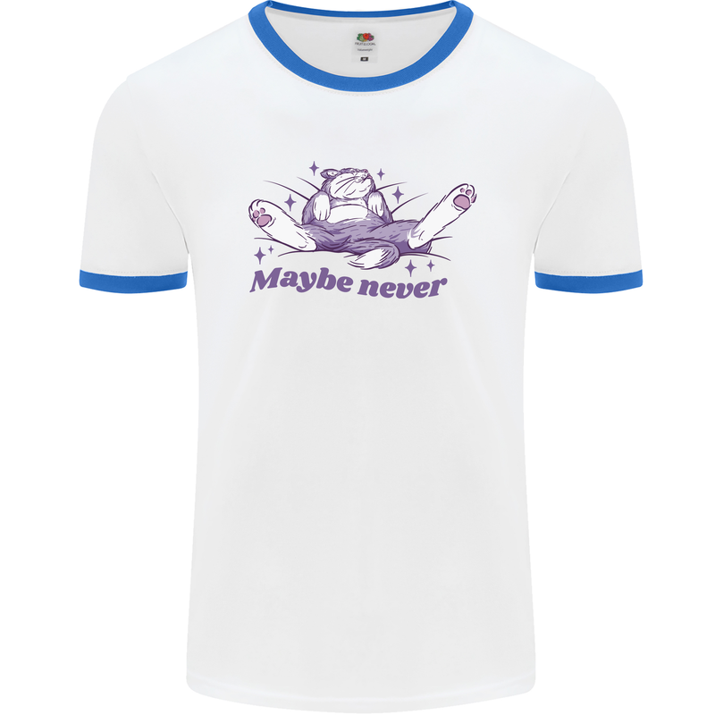 Maybe Never Lazy Cat Sleeping Mens Ringer T-Shirt White/Royal Blue