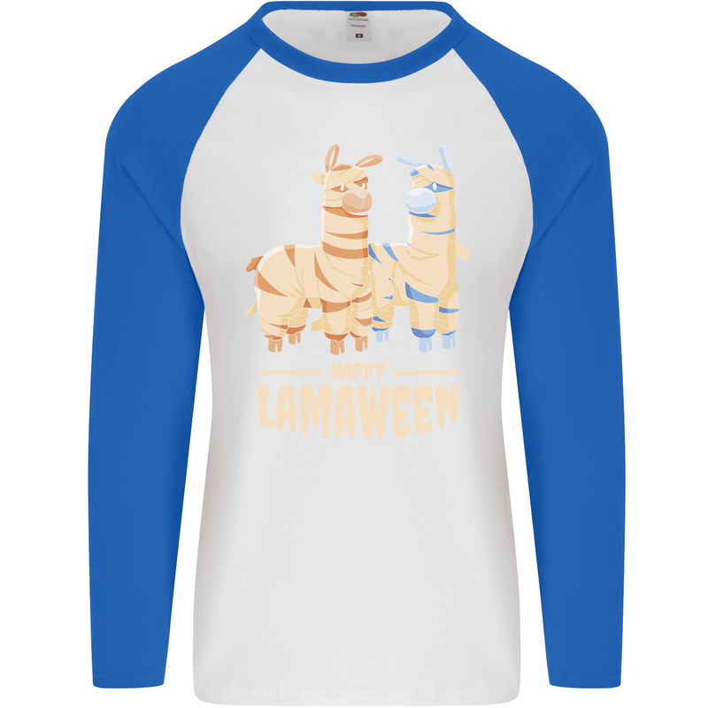 Happy Lamaween Funny Lama Halloween Mens L/S Baseball T-Shirt White/Royal Blue