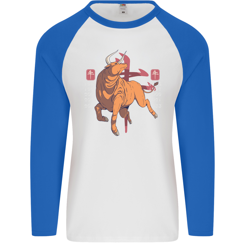 Chinese Zodiac Shengxiao Year of the Ox Mens L/S Baseball T-Shirt White/Royal Blue