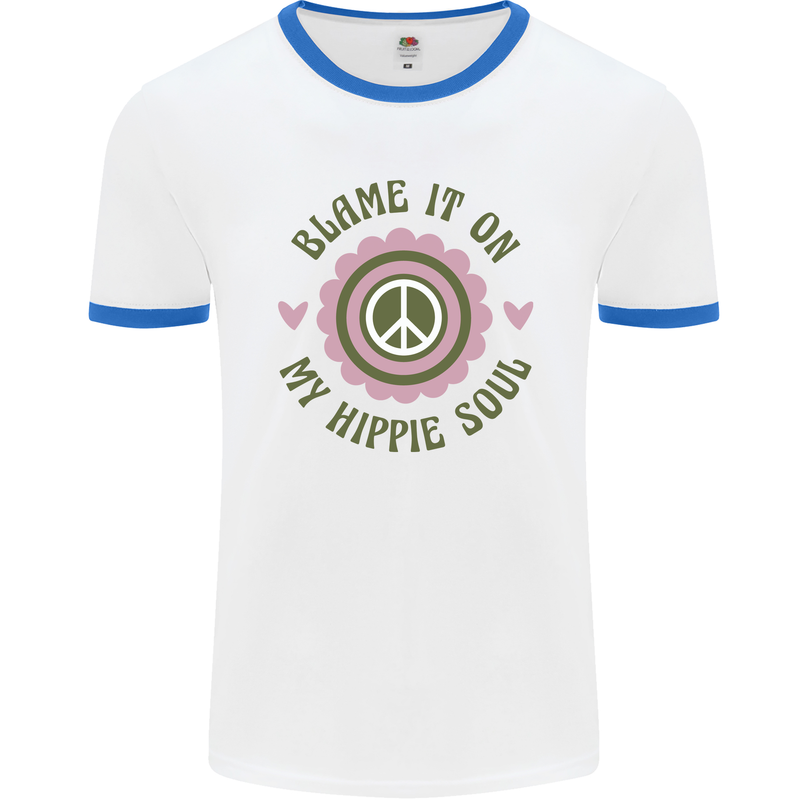 Blame It on My Hippy Soul 60s 70s Flower Power Mens Ringer T-Shirt White/Royal Blue