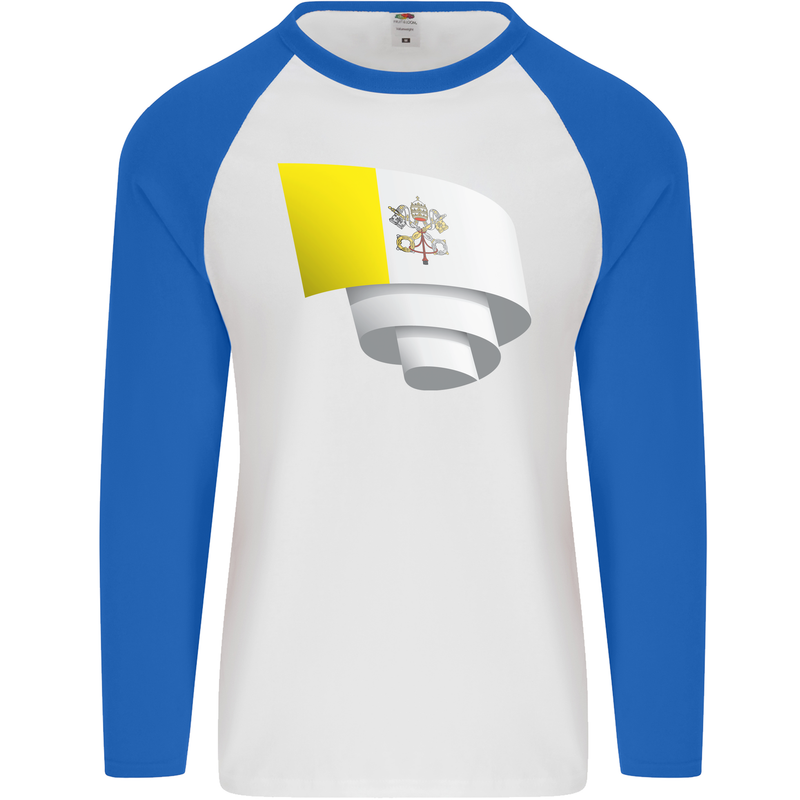 Curled Vatican Flag Mens L/S Baseball T-Shirt White/Royal Blue