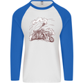 An Army Biker With Tank Skull Motorcycle Mens L/S Baseball T-Shirt White/Royal Blue