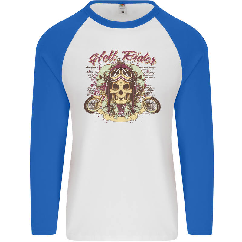 Hell Riders Motorcycle Motorbike Biker Mens L/S Baseball T-Shirt White/Royal Blue