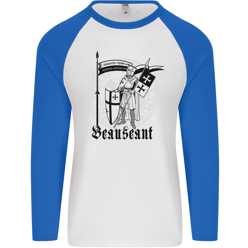 Knights Templar Beauseant St Georges Day Mens L/S Baseball T-Shirt White/Royal Blue