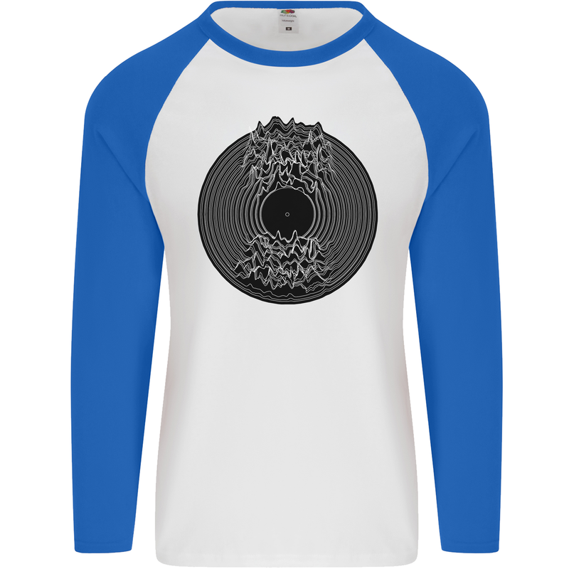 Vinyl Music Sound Waves Turntable Decks DJ Mens L/S Baseball T-Shirt White/Royal Blue