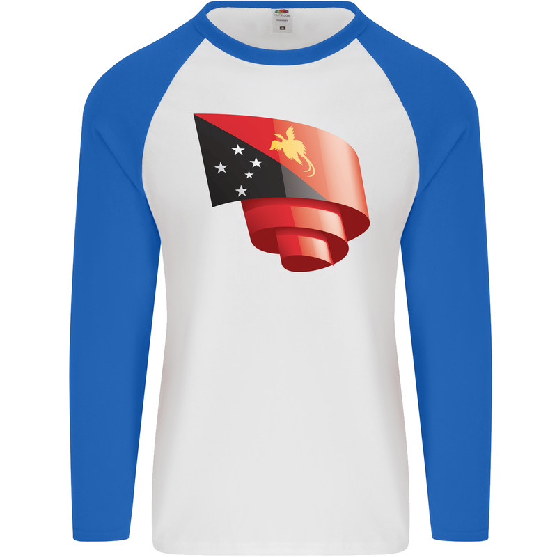 Curled  Papua New Guinea Flag Day Football Mens L/S Baseball T-Shirt White/Royal Blue