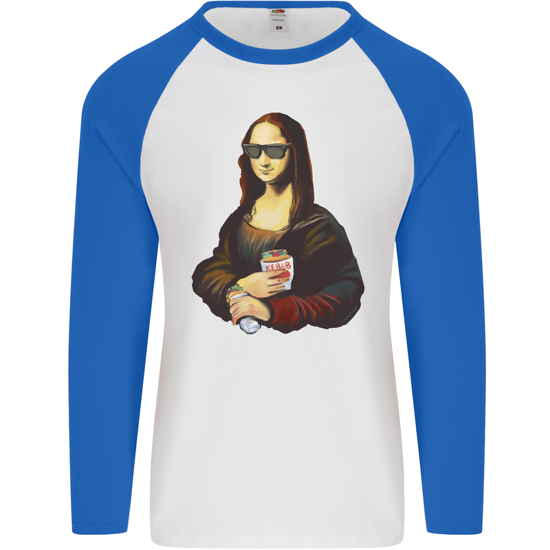 Kebab Mona Lisa Funny Food Mens L/S Baseball T-Shirt White/Royal Blue