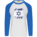 Torn Israel Flag Israeli Day Football Mens L/S Baseball T-Shirt White/Royal Blue