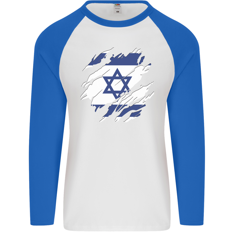 Torn Israel Flag Israeli Day Football Mens L/S Baseball T-Shirt White/Royal Blue