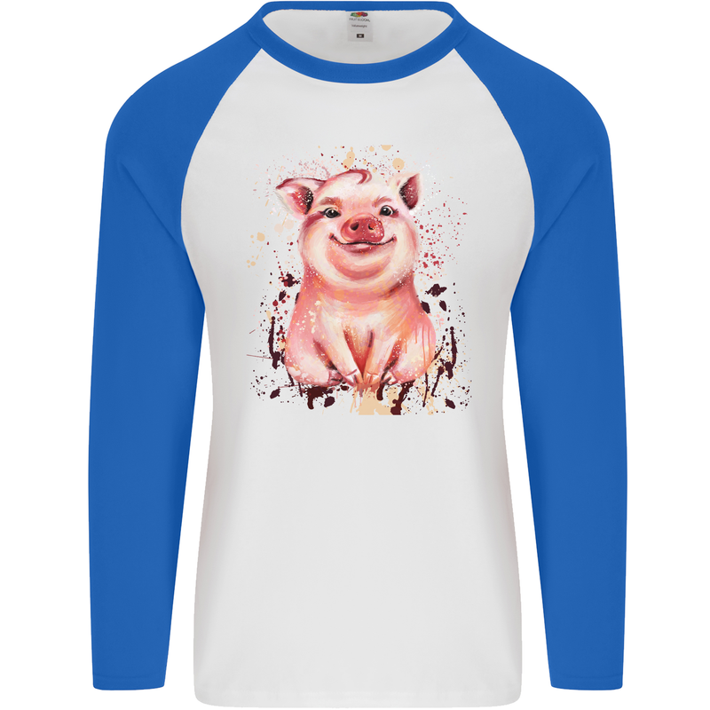 Watercolour Pig Mens L/S Baseball T-Shirt White/Royal Blue