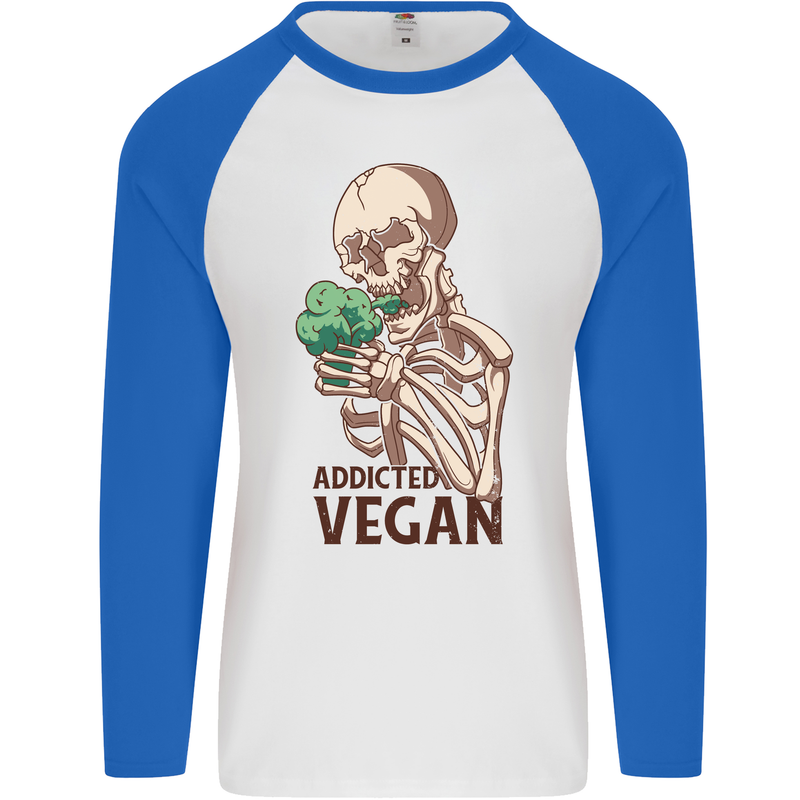 Addicted Vegan Skeleton Eating Vegetables Mens L/S Baseball T-Shirt White/Royal Blue