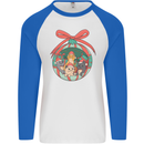 Funny Christmas Cats Bauble Mens L/S Baseball T-Shirt White/Royal Blue
