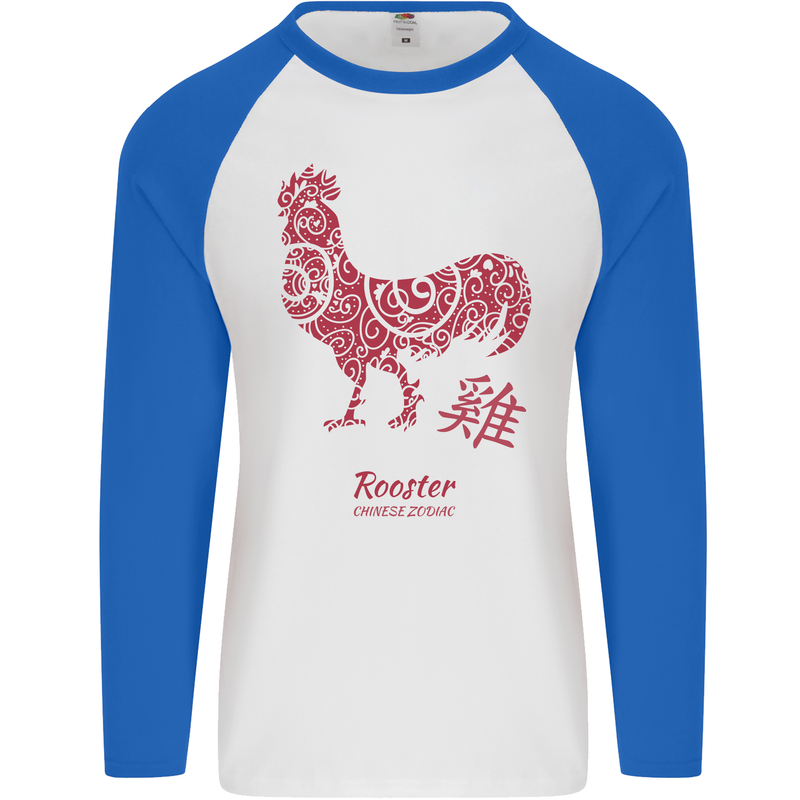 Chinese Zodiac Year of the Rooster Mens L/S Baseball T-Shirt White/Royal Blue