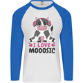 I Love Mooosic Funny Cow DJ Mens L/S Baseball T-Shirt White/Royal Blue