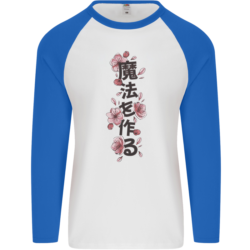 Japanese Flowers Quote Japan Mens L/S Baseball T-Shirt White/Royal Blue