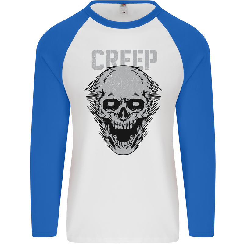 Creep Human Skull Gothic Rock Music Metal Mens L/S Baseball T-Shirt White/Royal Blue