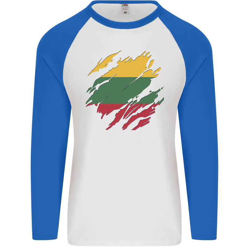 Torn Lithuania Flag Lithuania Day Football Mens L/S Baseball T-Shirt White/Royal Blue